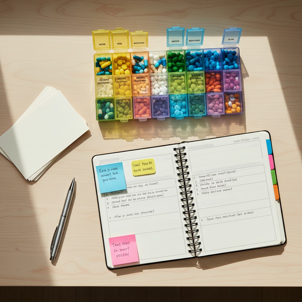 The image features a daily planner, medication box, and pen on a table, with natural light casting shadows.