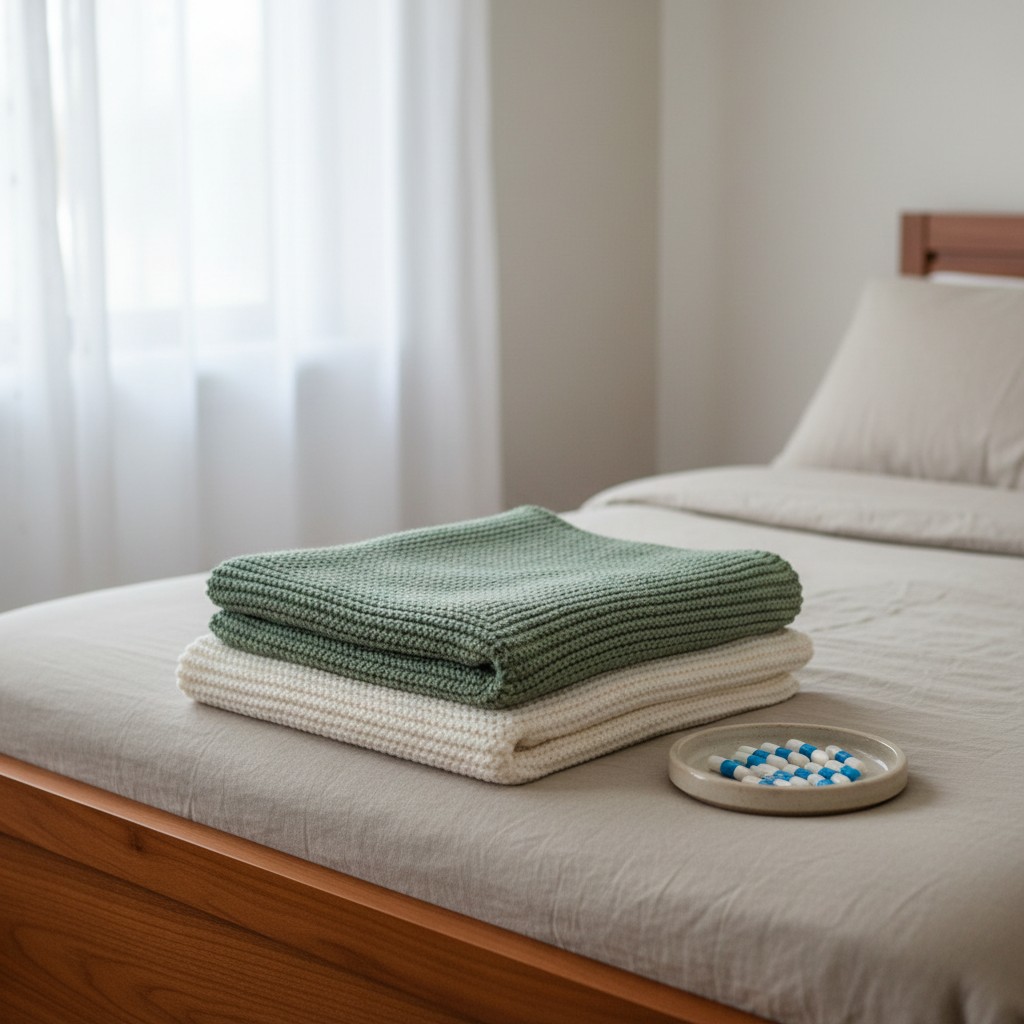 A bed with a folded blanket, a plate of pills, and a headboard, possibly in a bedroom.
