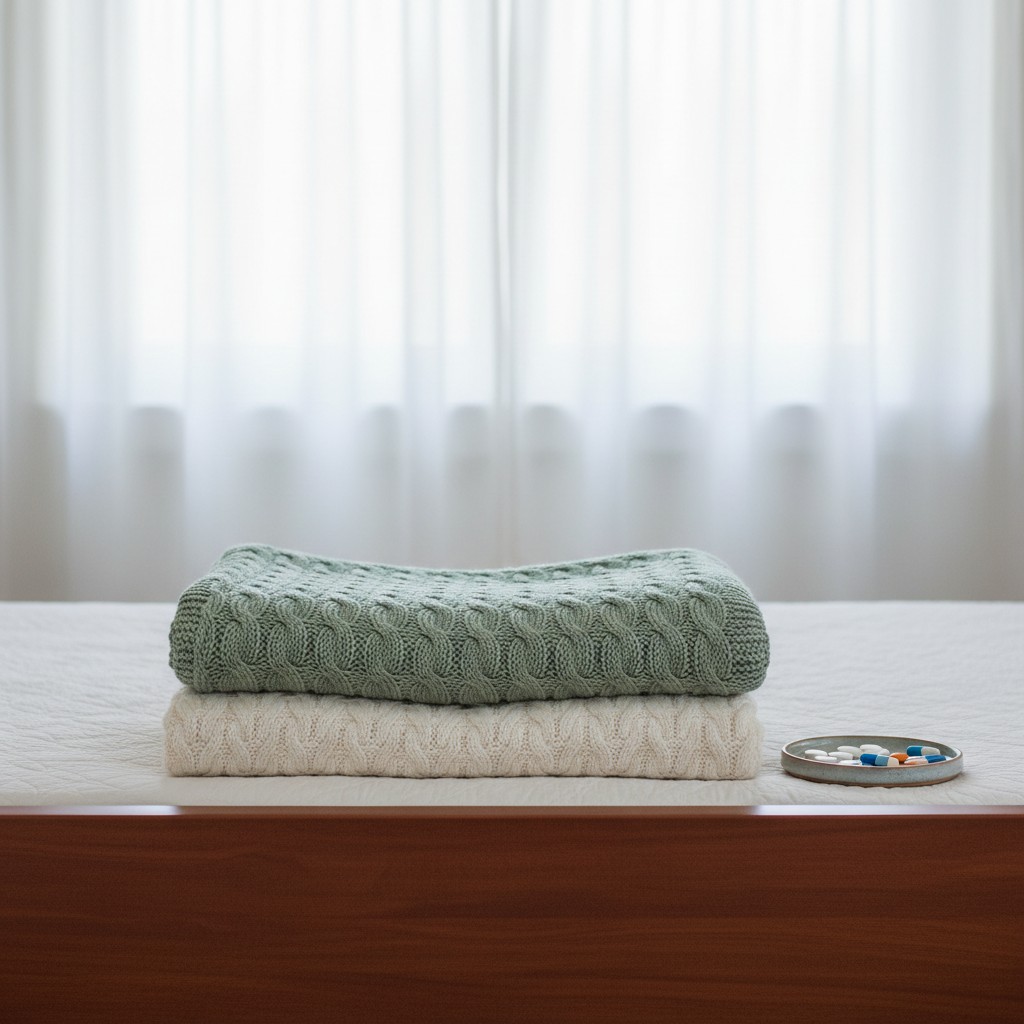 Two fluffy folded blankets or sweaters of soft colors against blurred window background. One may be cream with braided tex...