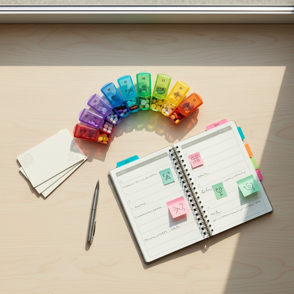 Here is the alt text for the image: "A spiral-bound planner with colorful sticky notes and a pen on a desk, surrounded by ...