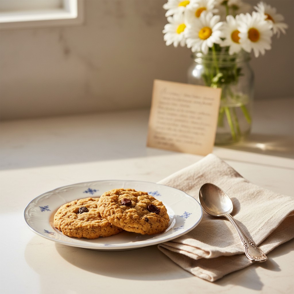 A table setting consisting of a plate of cookies, with a napkin and spoon nearby, against a blurred background of daisies ...